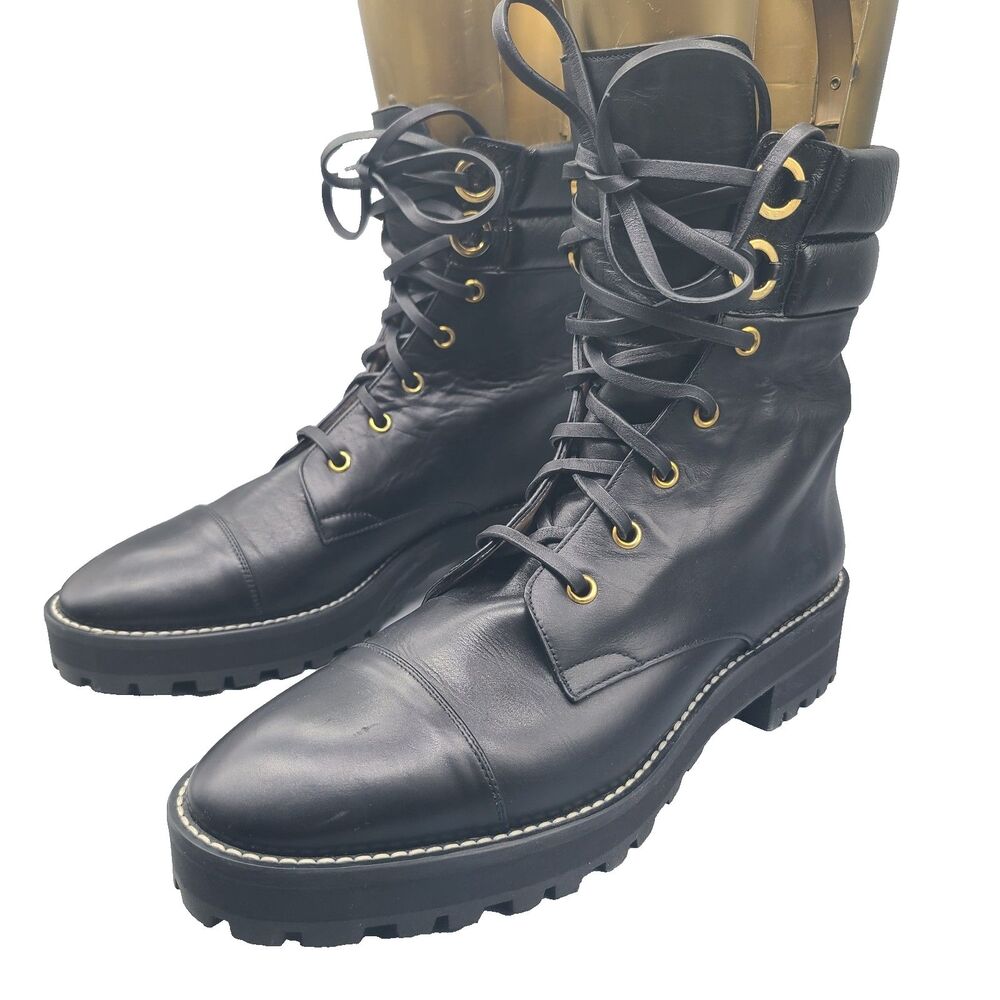 Stuart Weitzman combat Boots Lexi lace up Black Leather Sz 8.5 Excellent